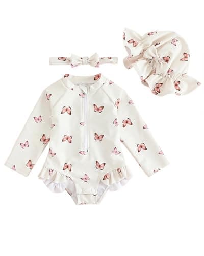 Image of Baby Swimsuit Girl 3-Piece Set 0M-3T, Long Sleeve Toddler Swimming Costume with Hat & Headband, UPF 50+ Infant Rash Vest Front Zipper & Snaps, Beige Butterfly 2-3 Years