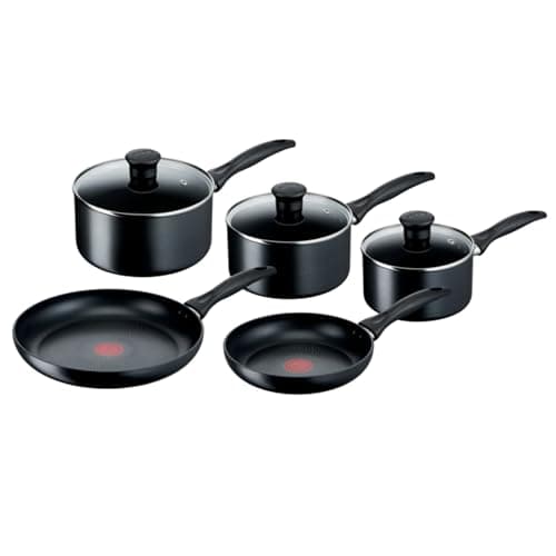 Image of Tefal Induction Non‑Stick Coating 5‑Piece Cookware Set, 16/18/20 cm Saucepans + 22/28 cm Frying pans, Thermo‑Signal, Glass Lids, All Hobs including Induction, Black - G155S54