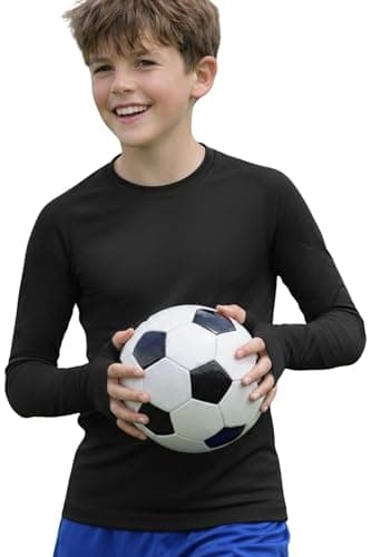 Image of Re Tech UK - Boys Cotton Base Layer with Thumbholes - Lightweight Skins for Boys - Kids Thermal Top - Underlayer - White or Black Long Sleeve-Shirt - Base Layers for Football Rugby, (Black 10-11)