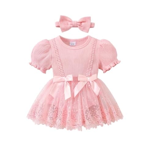 Image of JiAmy Baby Girl Romper Dress with Headband, Ribbed Puff Sleeve Lace Tulle Tutu Bodysuit Princess Outfit for Infant Newborn Toddler Girls for 3-6 Months,Pink