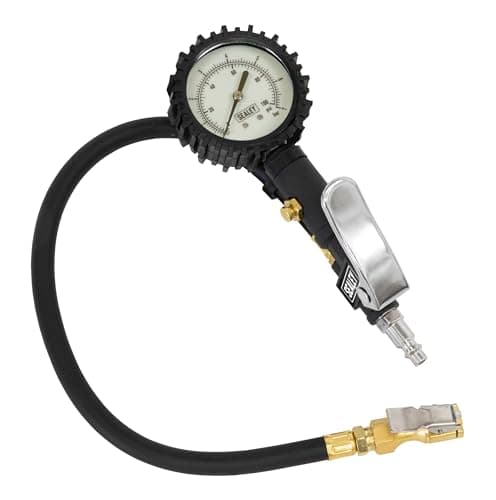Image of Sealey Compact Tyre Inflator with Pressure Guage and Clip-On Connector, 1/4” Inlet, Dial Type Gauge, Bar/Psi – SA399
