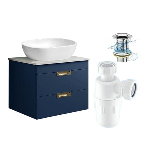 Image of BELOFAY 600mm Wall Mounted Vanity Unit with Basin | Two Soft-Close Drawers | Modern Floating Design with Countertop Basin & White Wooden Worktop | Grey Matt Finish