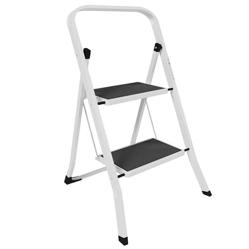 Image of Home Vida 2 Step Ladder - Heavy Duty Steel Folding Ladder with Slip-Resistant and Wide Steps, Folding Mechanism, 150kg Max Load, Home/Kitchen/DIY/Garden Use, White