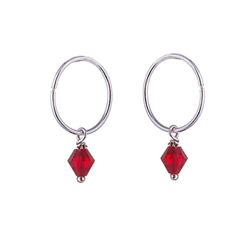 Image of Sterling Silver Red CZ Crystal Bead Charm Hoop 12mm Earrings