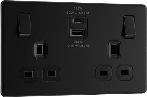 Image of BG Electrical 22W Double Switched Power Wall Plug Socket with Fast Charge Type A and C USB Ports, Screwless, Flatplate, Matt Black, 13A, FFB22UAC22B