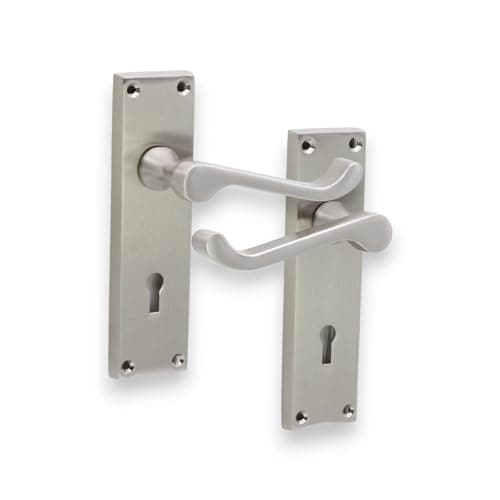 Image of Infinity Decor Set of Satin Nickel Victorian Scroll Lever Lock Door Handle on Rectangular Backplate – Key Lock Lever for Interior and Exterior Use