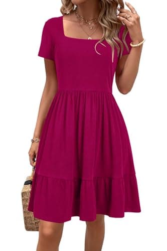 Image of Newshows Summer Dresses for Women UK Square Neck Ladies Party Dress Beach Sundress Hot Pink,L