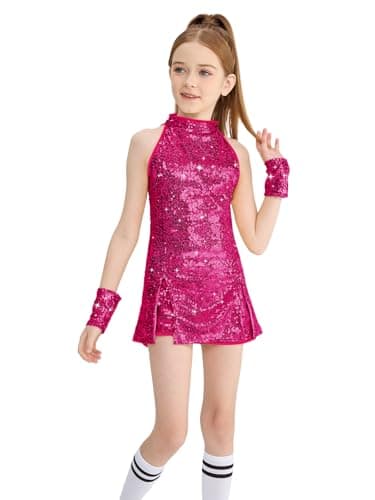 Image of LOLANTA Girls Sequins Jazz Dance Costume Child Sparkle Mini Dress Hip Hop Dance Clothes Set Top+Pants+Socks, Fuchsia, 10-11 Years, 150