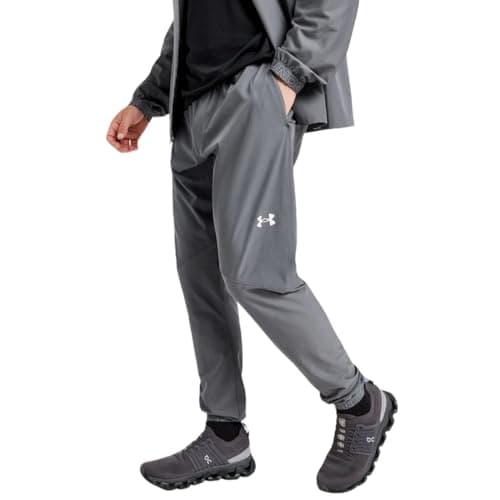 Image of Under Armour Vanish Hybrid Track Pants for Men - Castlerock, Relaxed Fit, Breathable 100% Polyester Fabric, Adjustable Drawcord Waist, Cuffed Ankles & Secure Back Pocket - (Large, Grey)