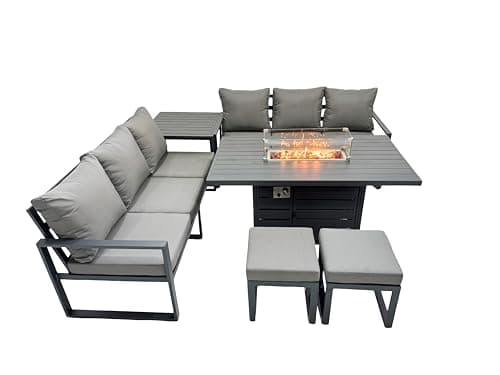 Image of FMSGarden Aluminium 8 Seater Outdoor Garden Furniture Lounge Sofa Set Gas Fire Pit Dining Table with 2 Small Footstools Side Table Dark Grey