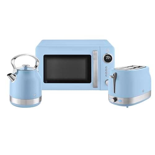 Image of Swan Retro Kitchen Set, 1.7L Rapid Boil Traditional Kettle, 2 Slice Toaster and 20L Microwave, Blue, SK14631BLU, ST19028BLU & SM4425BLU