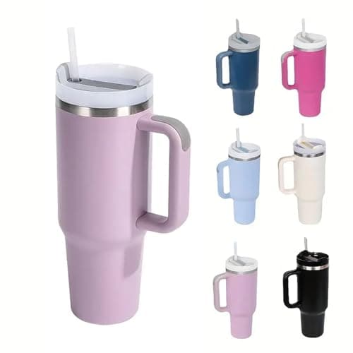 Image of Travel Mug Coffee Cup 40oz Tumbler Straw Lid and Handle, Stainless Steel Insulated Water Bottle - Leakproof, Insulated Water Bottle with Handle and Straw Cup for Home, Office, Car, Travel (Purple)