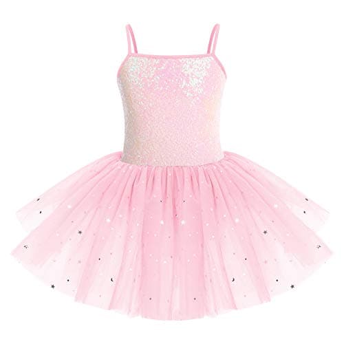 Image of IWEMEK Kids Girls Sequins Leotard Tutu Ballet Dress Sleeveless Spaghetti Strap Skating Gymnastics Children Dancewear Fairy Swan Dance Dresses Performance Ballroom Dancer Costume Pink 5-6 Years