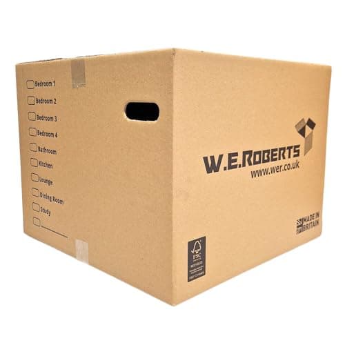 Image of W.E. Roberts 10 Strong Extra Large Cardboard moving Boxes. Packing boxes for moving house with Printed Room List and Carry Handles 52cm x 52cm x 40cm cardboard Boxes