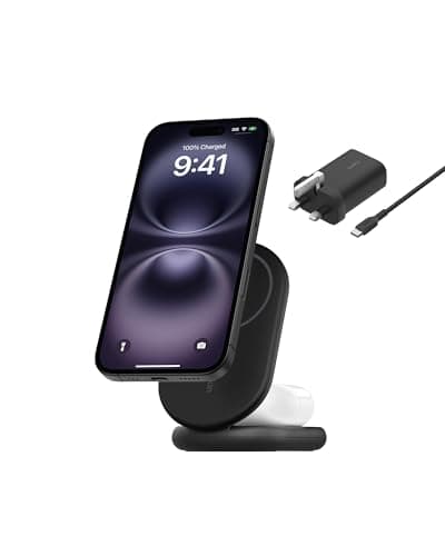 Image of Belkin BoostCharge 2-in-1 Magnetic Foldable Qi2 Charger 15W, MagSafe Compatible Wireless Charger, Fast Charging for iPhone 17, Air, 16, 15, Charging Station with Non-Slip Base, PSU Included - Black