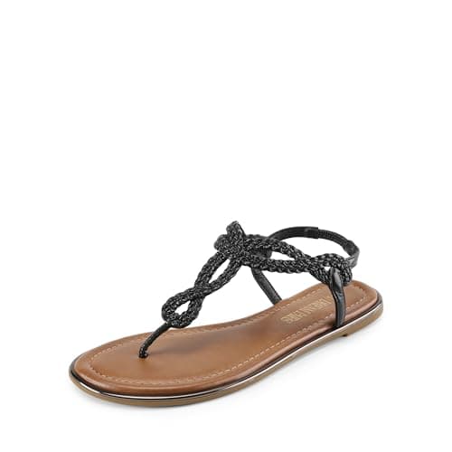 Image of DREAM PAIRS Women's Flat Sandals Dressy Summer Stappy Comfortable Ankle Elastic T-Strap Beach Thong Sandals,Size 5,Black,SDFS2406W