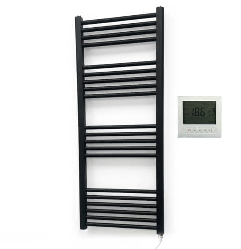 Image of Greened House Black Electric Flat Heated Towel Rail 500mm W x 1200mm H Bathroom Radiator with 7 Day Programmble Timer/Thermostat