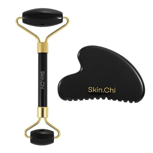 Image of Skin Chi Comb Edge Gua Sha and Roller Set - Facial Massager for Sculpting & Lifting - Reduces Puffiness & Enhances Skin Care Absorption - Self-Care Gift for Women & Men (Black Obsidian)