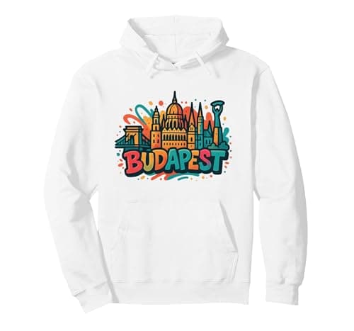 Image of Graffiti Budapest Skyline Souvenir Pullover Hoodie, Adult Unisex, White, Large