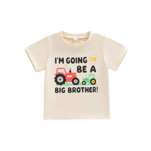Image of Toddler Boy Big Bro Tee Shirt Crew Neck Short Sleeve Tractor Letter Print Jumper Top 1-6 Years Kids Boy Summer T-Shirt (Light Khaki, 12_months-24_Months)