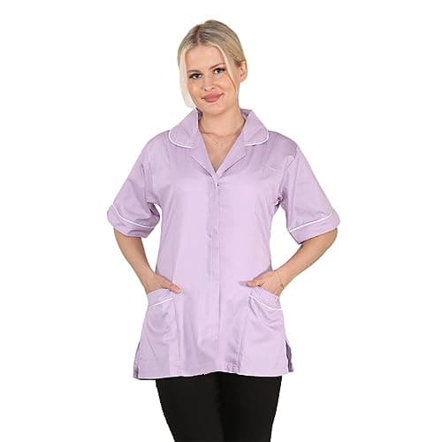 Image of Womens Tunic Shirt Ladies Healthcare Doctor Nurse NHS Hospital Clinic Beauty Salon Vet Workwear Short Sleeves Tunics Medical Uniform Carers Casual Blouse Maid Dress Top Lapel Collar(Lilac, 12)