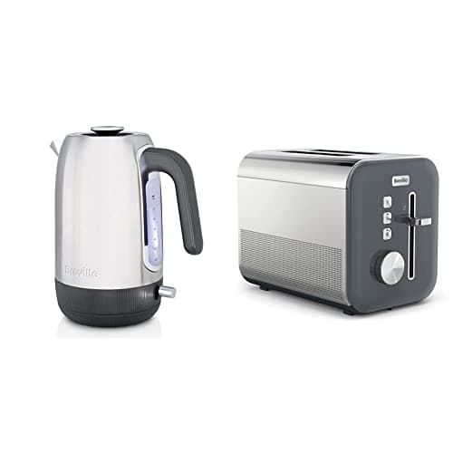 Image of Breville Edge Electric Kettle | 1.7 Litre | Still Hot Illumination | 3kW Fast Boil [VKT192] & High Gloss 2-Slice Toaster with High-Lift & Wide Slots | Grey & Stainless Steel [VTT968]