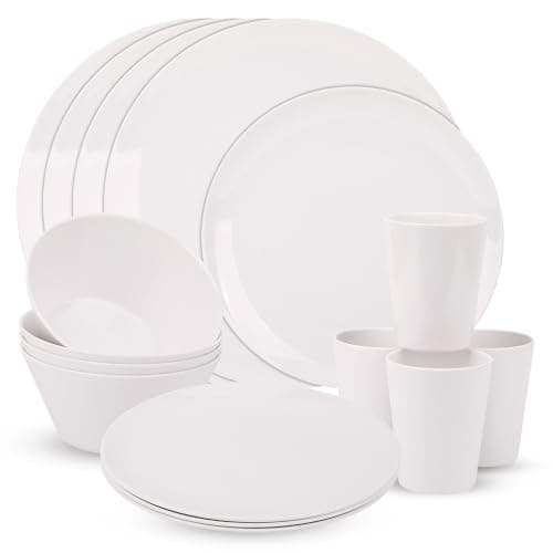 Image of WedDecor 16pcs Melamine Dinnerware Set Scratch Resistant Easy Clean Dishwasher Safe Tableware 4 Plates, 4 Dessert Plates, 4 Bowls & 4 Cups Dinner Set Lightweight Dinner Set for Picnics & Camping