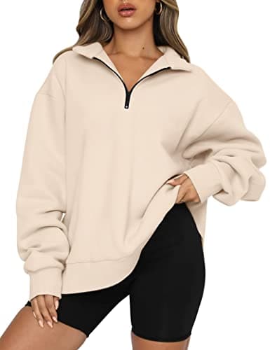 Image of Famulily Women's Casual Long Sleeve Stand Neck Sweatshirt Comfy Half Zip Pullover Tops Beige M