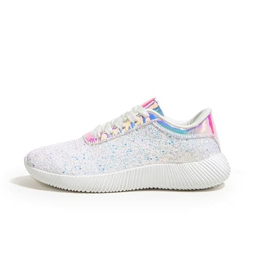 Image of LUCKY STEP Women's Glitter Shoes Sparkly Lightweight Metallic Sequins Tennis Sneakers (White, 8.5US-39EU-6UK)