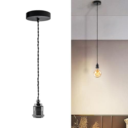 Image of JZCDR Vintage Pendant Light 150 cm Black Textile Cable Metal Pearl Black Lamp Suspension E27 with Screw Ring Ceramic Socket with Cable Height Adjustable Pendant Lamp DIY for Ceilings, No Bulb