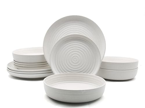 Image of Waterside 12pc Ribbed Cream Stoneware Dinnerware Set, 4 Dinner Plate, Side Plate and Bowls