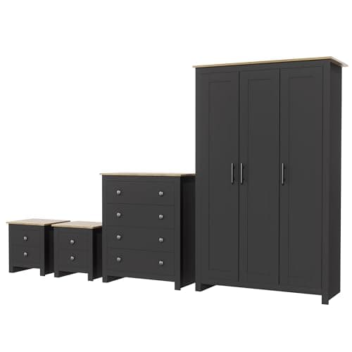 Image of Nera 4 Piece Bedroom Furniture Set 3 Door Wardrobe Set Chest of Drawers and Bedside Cabinet Bedroom Storage (Grey on Oak)