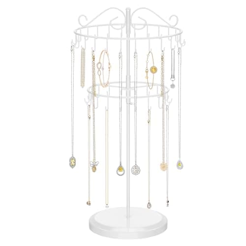 Image of iDavosic.ly 2 Tier Rotating Necklace Holder Stand with 42 Hooks, Adjustable Metal Bracelet Display Tree Tower, Extra Tall Spinning Jewellery Keychain Storage Organizer for Women, White