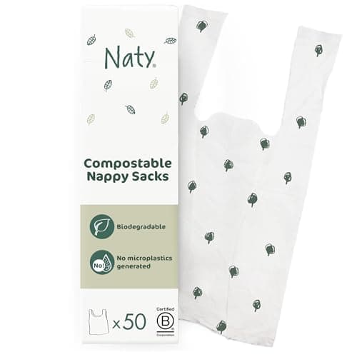 Image of Naty compostable nappy bags | Easy tie handles | Fragrance-free nappy sacks for baby nappy changing & disposal, travel and pet waste |Plant-based bags for prams | On-the-go use | 50 count