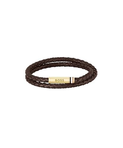 Image of BOSS Jewelry Men's ARES Collection Bracelet with Double-Wrap Braided Brown Leather - 1580670M