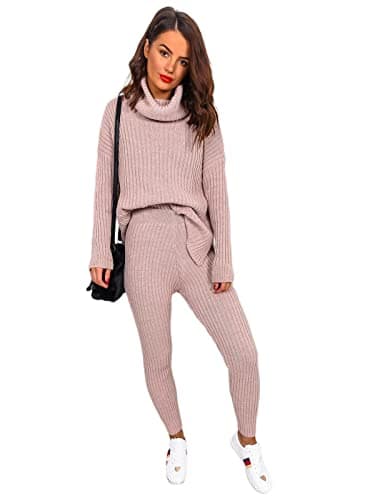 Image of Candid Styles Womens Chunky Knitted Polo High Neck loungewear 2 Piece Suit Co-Ord Set Leggings, 8-10, Pink