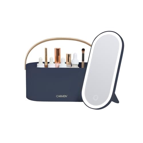 Image of Carmen C81167BCST 2-IN-1 Vanity Case with LED Mirror & Leatherette Strap, Illuminating LED Light, Touch Sensor Control, 5200K White Light, Midnight Blue & Champagne Gold