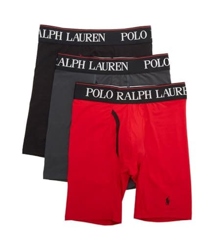 Image of POLO RALPH LAUREN Men's 4d Flex Cooling Microfiber Boxer Briefs, Trunks Available, 3-Pack, Long Leg-Charcoal Grey/Polo Black, Red/Polo Black, Polo Black/Red-3 Pack, L (Pack of 3)