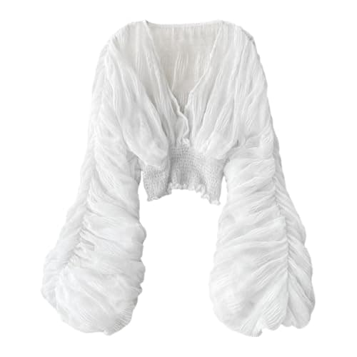 Image of Women's Lace Tops Puff Long Sleeve V-Neck Casual Blouses Shirts Sexy Ruffle Long Sleeve Summer Lace Tops 2024 Puff Flare Shirt Hollow Out Button Down Tunic Blouses Fashion Chiffon Top, O White, One