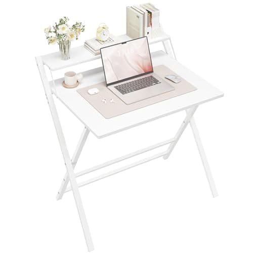Image of Yaheetech Foldable Desk with Monitor Stand,80 cm Computer Desk for Small Spaces,2-Tier Folding Table for Home, Office, School, Dormitory,Easy Assembly(White)