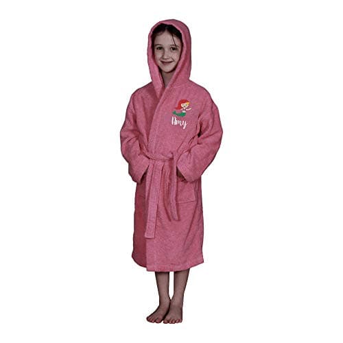 Image of aztex Personalised Children's Mermaid Logo Hooded Robe with Patch Pockets, 100% Cotton, 550gsm - 4 Years, Pink