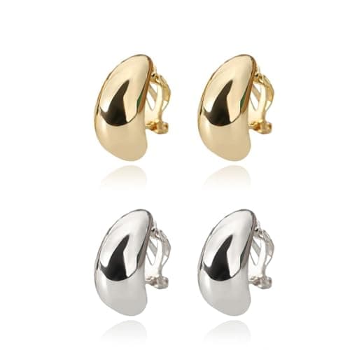 Image of 2 Pairs Clip on Chunky Earrings for Women Non Piercing Gold/Silver Clip-on Hoop Earrings Fake Piercing Earings for Non Pierced Ears