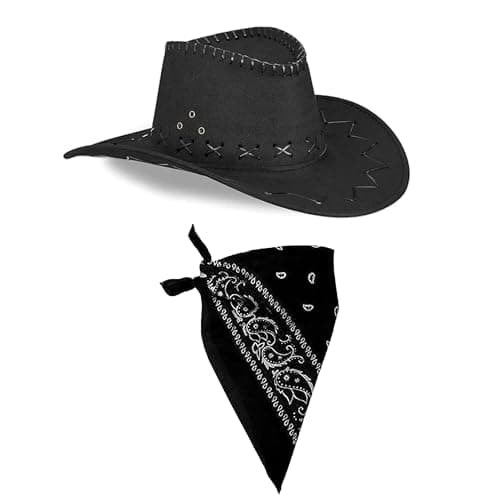 Image of The Fancy Dress Cowboy Hat & Cowboy Neckscarf For Men & Women - Brown Leather Look Cowboy Wild West Western Sheriff Costume Accessory, Black Hat, Black bandana