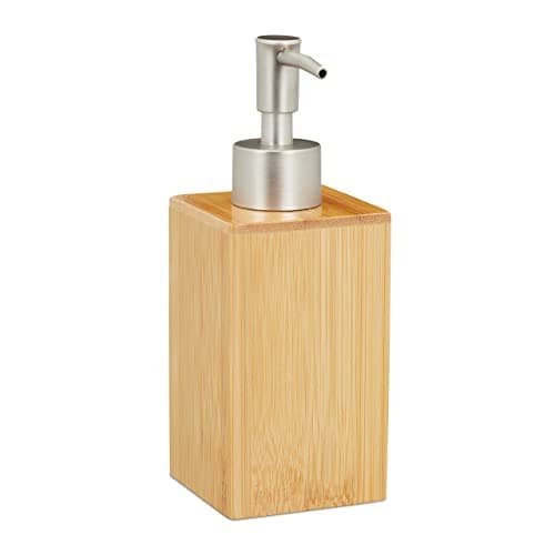 Image of Relaxdays Soap Dispenser, Rectangular, 200 ml, Refillable, with Pump, Bathroom & WC, Bamboo & Plastic, Natural/Silver
