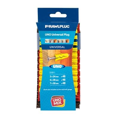Image of Rawlplug Uno Universal Wall Plugs Set 6, 7, 8 mm | Rawl Plugs for Plasterboard, Masonry, Brick, Concrete | Solid Wall Plug Anti Rotation Features | Plasterboard Fixings Plug Pack of 144,Multicolour