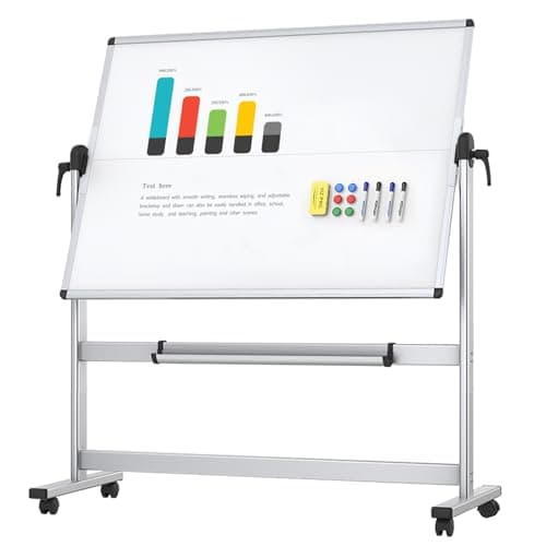 Image of VIZ-PRO Double-Sided Mobile Whiteboard, 120 x 90 cm, Magnetic Rolling Dry Erase White Board on Wheels with Aluminium Frame and Stand