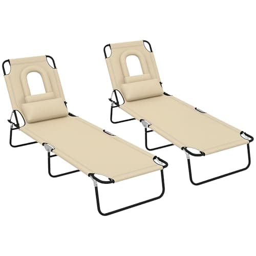 Image of Outsunny Folding Sun Loungers Set of 2 with Face Hole, 4-Position Adjustable Backrest Garden Recliner Chairs Sunbeds, Outdoor Lounge Chairs with 600 D Oxford Cloth Seat, Pillow for Beach, Sand