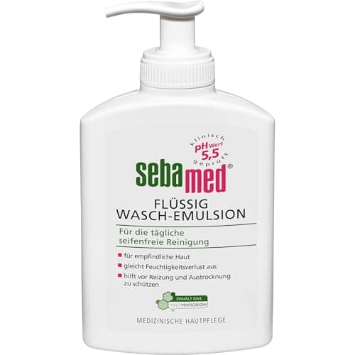 Image of Sebamed Liquid wash emulsion in hygienic dispenser 200 ml, cleans sensitive skin and helps protect the skin from irritation and dehydration