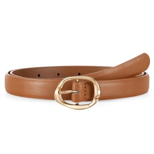 Image of LEACOOLKEY Skinny Leather Belt for Women Thin Waist Belt with Gold Buckle for Jeans Dresses,0.7" width
