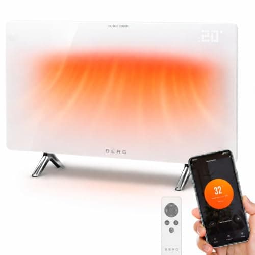 Image of BERG Ultra-Slim Glass Infrared Panel Heater – Smart Electric Heater with Wi-Fi & Remote Control, 12mm Frameless Design, Wall Mounted or Free-Standing, Energy Efficient Room Heating (White, 480W)